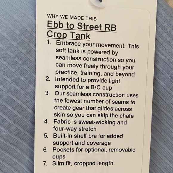 ❤️ Lululemon Ebb to Street RB Crop Tank Blue Linen Size 6 NWT - Picture 6 of 11